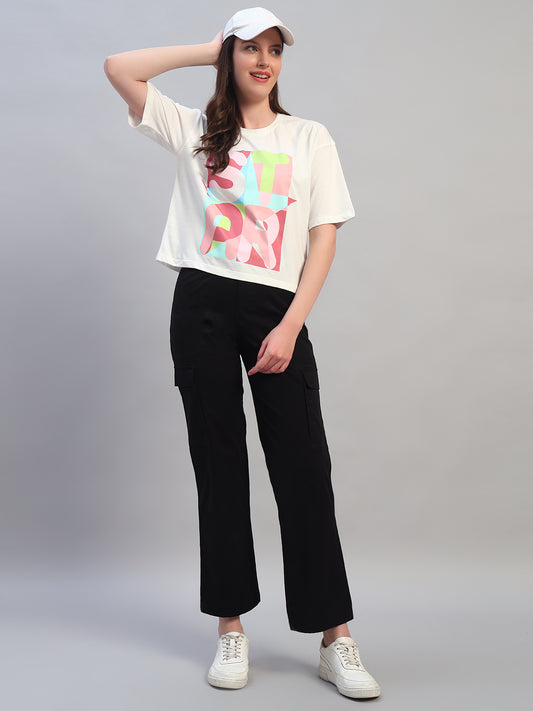 Women White Printed Half Sleeves Round Neck Casual T-Shirt