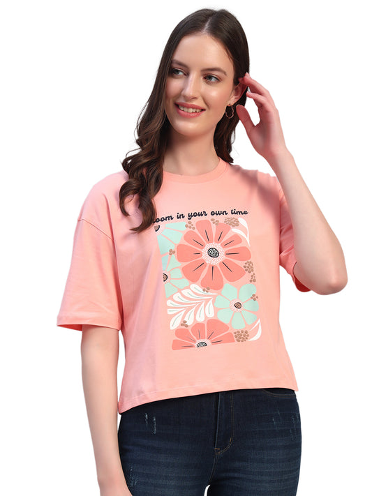 Women's Printed Peach Round Neck Half Sleeves Casual T-Shirt