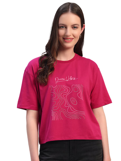 Women Purple Printed Half Sleeves Round Neck Casual T-Shirt