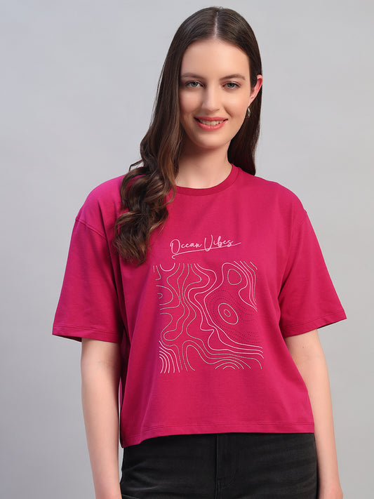 Women Purple Printed Half Sleeves Round Neck Casual T-Shirt