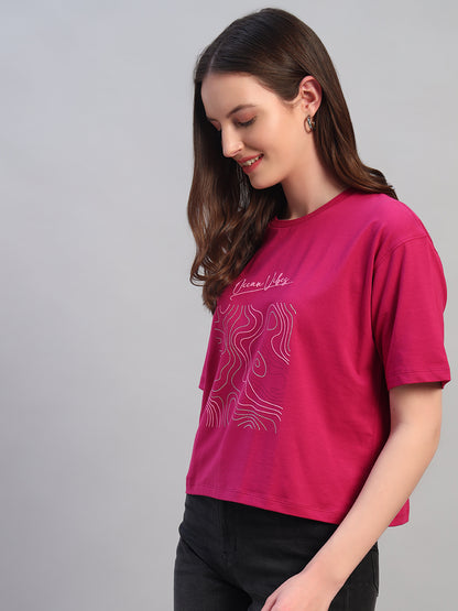 Women Purple Printed Half Sleeves Round Neck Casual T-Shirt