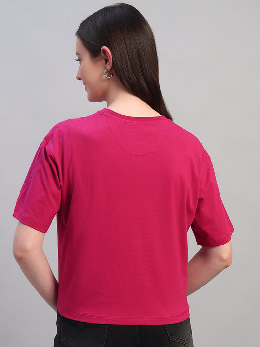 Women Purple Printed Half Sleeves Round Neck Casual T-Shirt