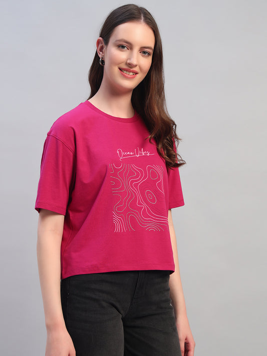 Women Purple Printed Half Sleeves Round Neck Casual T-Shirt