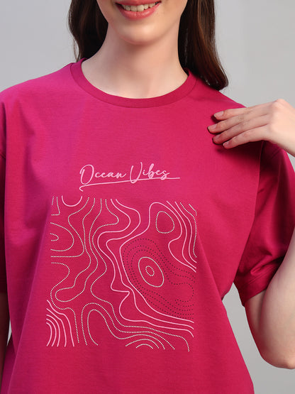 Women Purple Printed Half Sleeves Round Neck Casual T-Shirt
