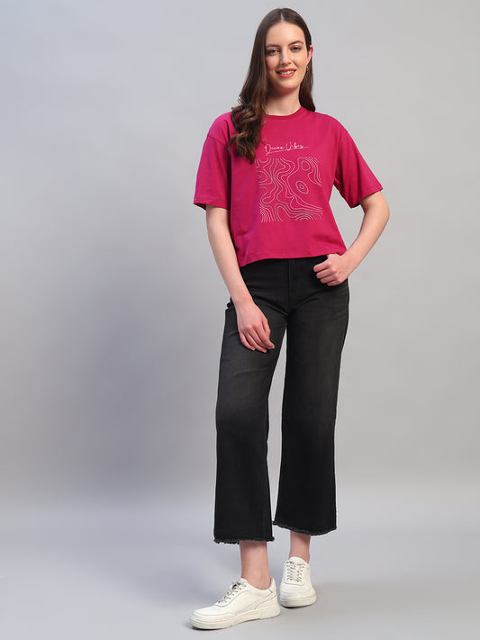 Women Purple Printed Half Sleeves Round Neck Casual T-Shirt