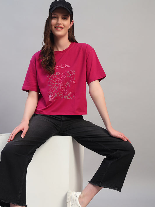 Women Purple Printed Half Sleeves Round Neck Casual T-Shirt