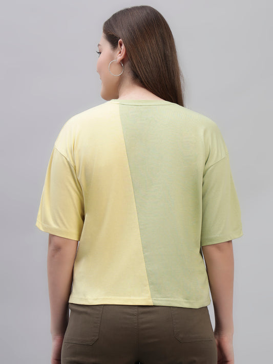 Women's Yellow Color Block Half Sleeves Round Neck Casual T Shirt