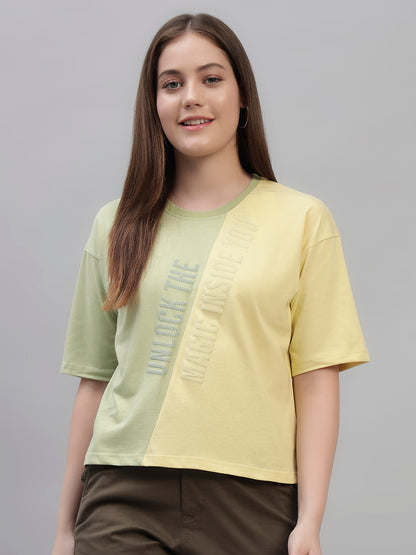 Women's Yellow Color Block Half Sleeves Round Neck Casual T Shirt