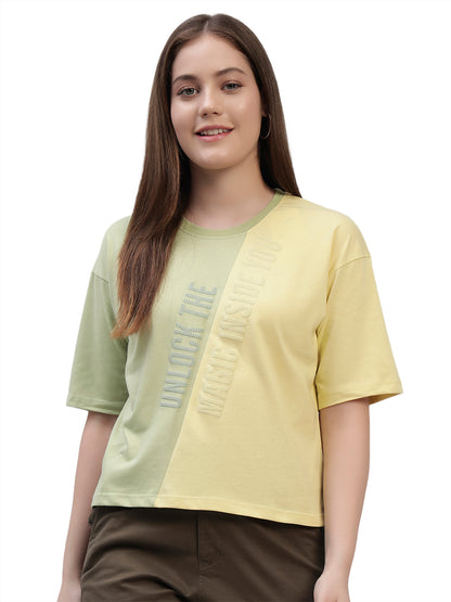 Women's Yellow Color Block Half Sleeves Round Neck Casual T Shirt