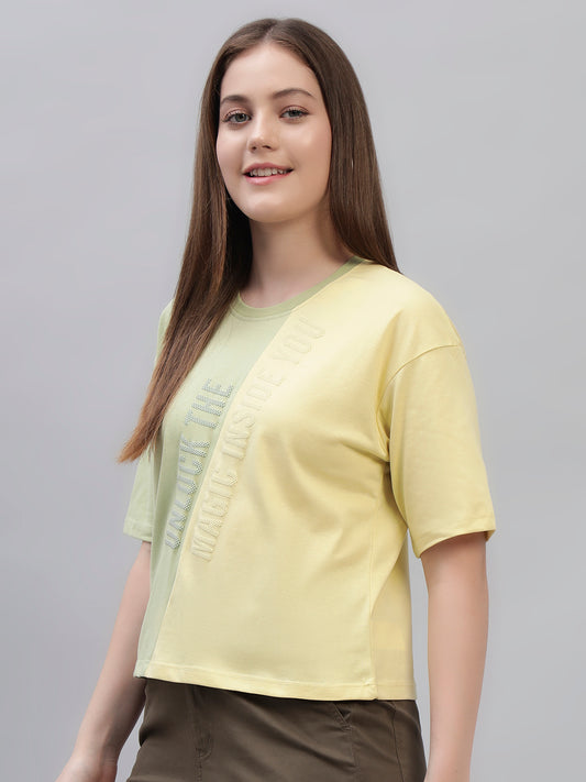 Women's Yellow Color Block Half Sleeves Round Neck Casual T Shirt