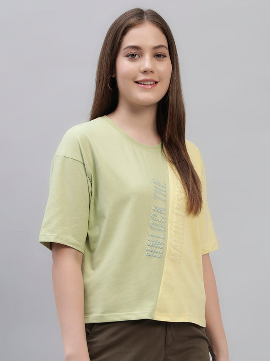 Women's Yellow Color Block Half Sleeves Round Neck Casual T Shirt