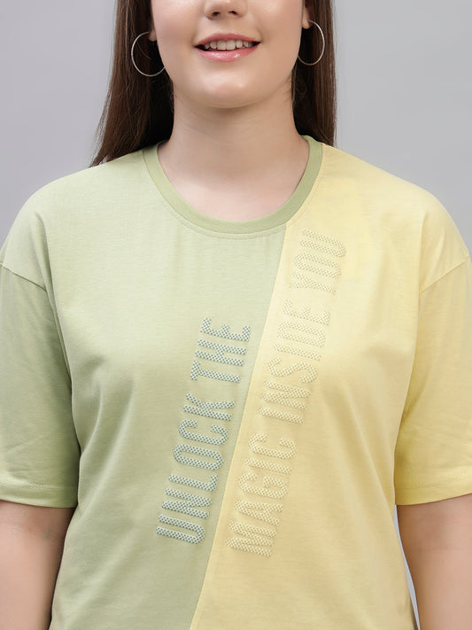 Women's Yellow Color Block Half Sleeves Round Neck Casual T Shirt