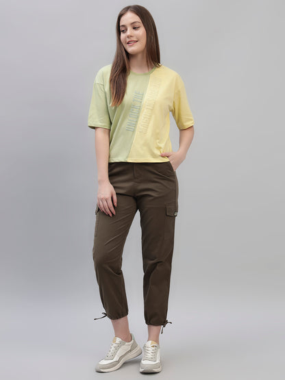 Women's Yellow Color Block Half Sleeves Round Neck Casual T Shirt