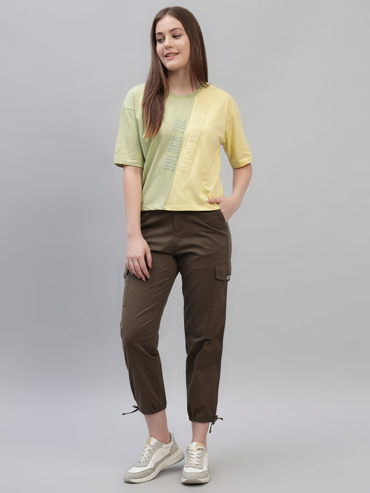 Women's Yellow Color Block Half Sleeves Round Neck Casual T Shirt