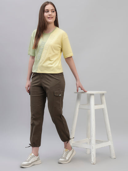 Women's Yellow Color Block Half Sleeves Round Neck Casual T Shirt