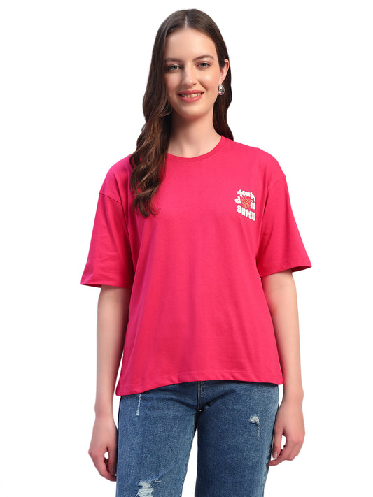 Women's Pink Printed Round Neck Half Sleeves Casual T-Shirt
