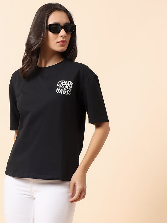 T-Shirt for Women l Breathable & Soft with Color Fastness Regular Fit Round Neck Cotton Blend Fabric Printed Pattern