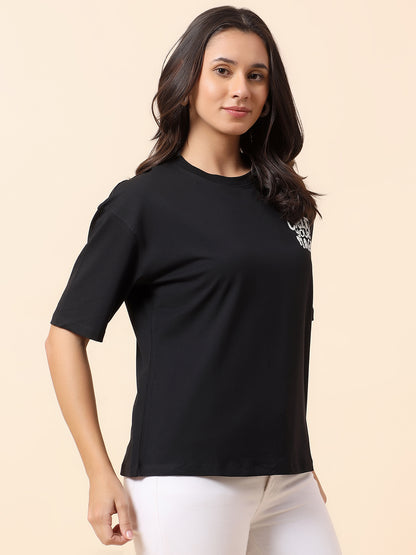 T-Shirt for Women l Breathable & Soft with Color Fastness Regular Fit Round Neck Cotton Blend Fabric Printed Pattern