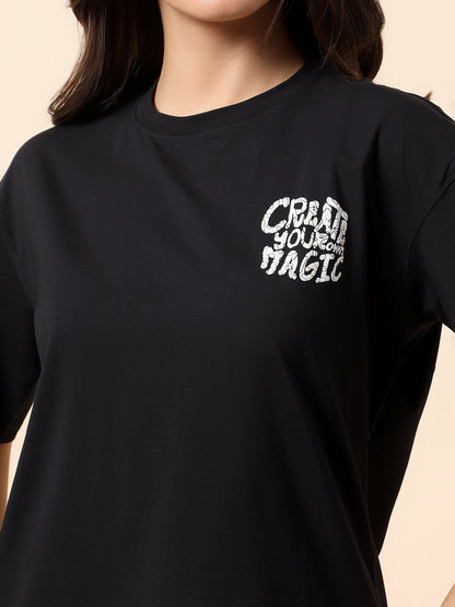 T-Shirt for Women l Breathable & Soft with Color Fastness Regular Fit Round Neck Cotton Blend Fabric Printed Pattern