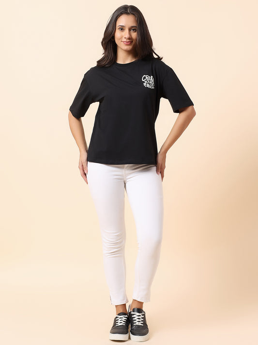 T-Shirt for Women l Breathable & Soft with Color Fastness Regular Fit Round Neck Cotton Blend Fabric Printed Pattern