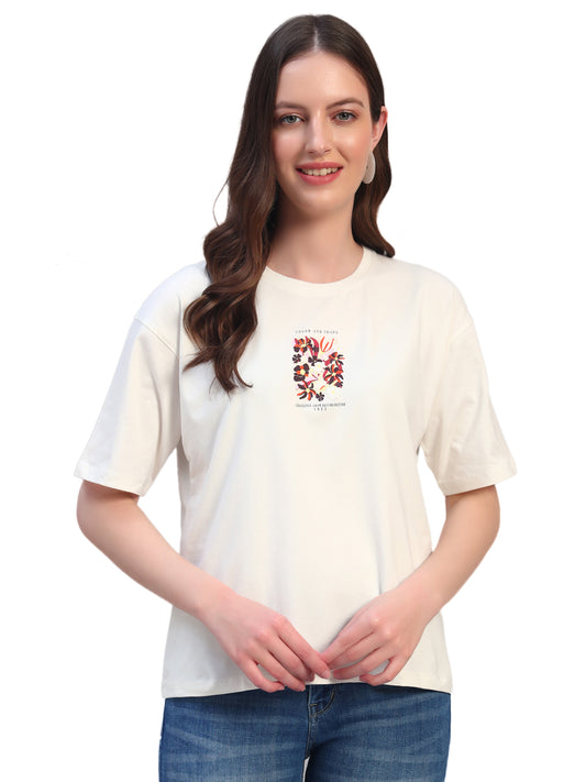 Women Ivory Printed Half Sleeves Round Neck Casual T-Shirt