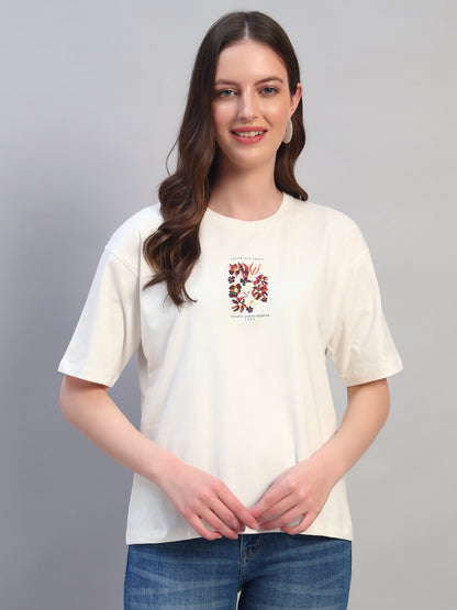 Women Ivory Printed Half Sleeves Round Neck Casual T-Shirt