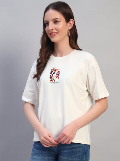 Women Ivory Printed Half Sleeves Round Neck Casual T-Shirt