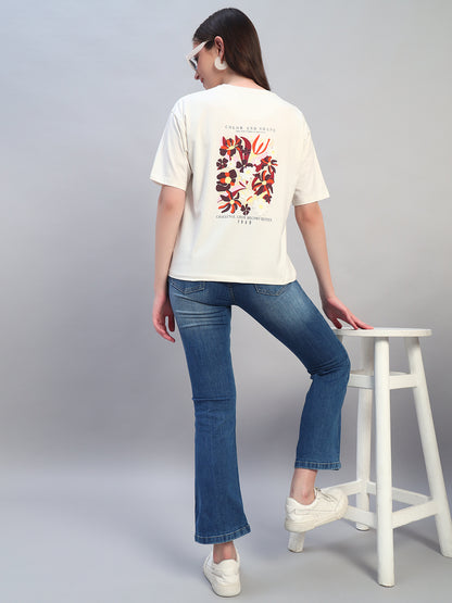 Women Ivory Printed Half Sleeves Round Neck Casual T-Shirt