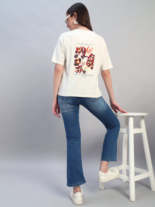 Women Ivory Printed Half Sleeves Round Neck Casual T-Shirt