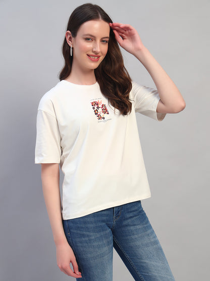 Women Ivory Printed Half Sleeves Round Neck Casual T-Shirt