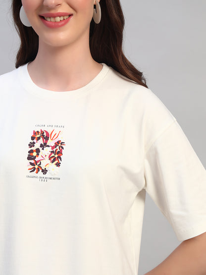 Women Ivory Printed Half Sleeves Round Neck Casual T-Shirt