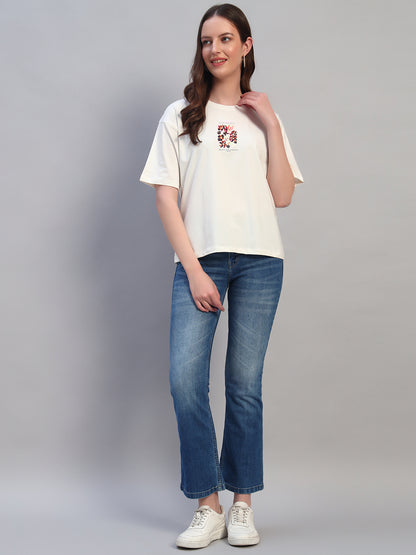 Women Ivory Printed Half Sleeves Round Neck Casual T-Shirt