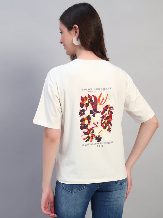 Women Ivory Printed Half Sleeves Round Neck Casual T-Shirt
