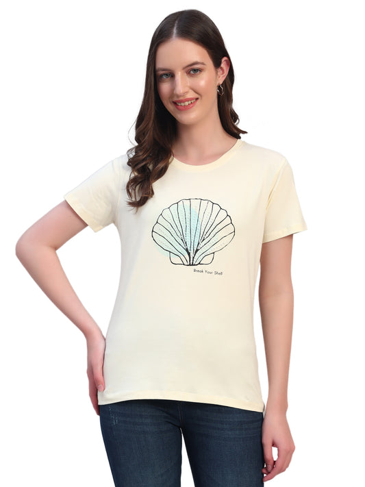 Women Beige Printed Half Sleeves Round Neck Casual T-Shirt