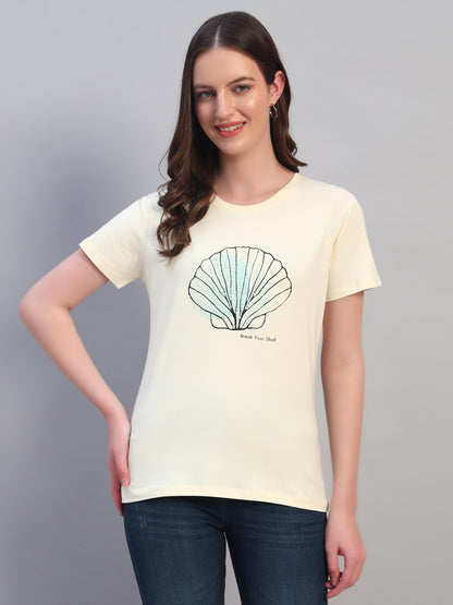 Women Beige Printed Half Sleeves Round Neck Casual T-Shirt