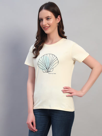 Women Beige Printed Half Sleeves Round Neck Casual T-Shirt