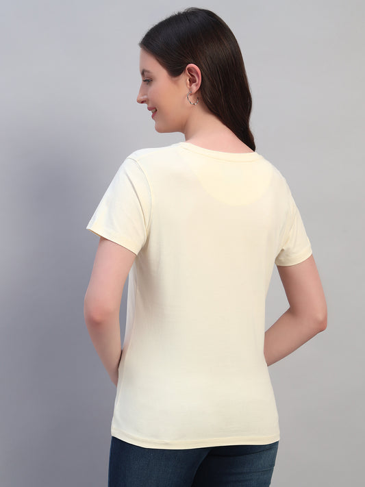 Women Beige Printed Half Sleeves Round Neck Casual T-Shirt