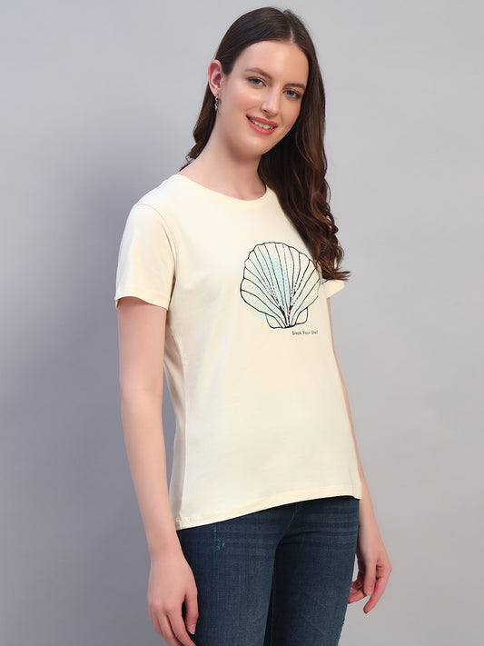 Women Beige Printed Half Sleeves Round Neck Casual T-Shirt