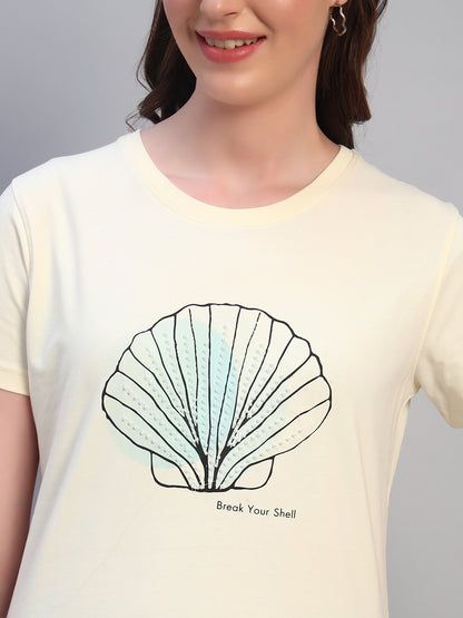 Women Beige Printed Half Sleeves Round Neck Casual T-Shirt