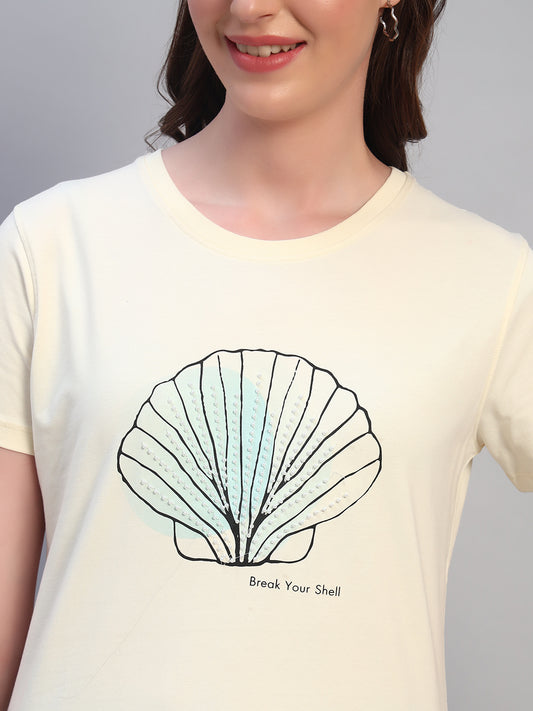 Women Beige Printed Half Sleeves Round Neck Casual T-Shirt