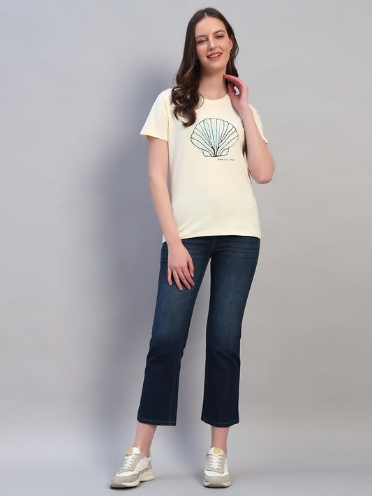 Women Beige Printed Half Sleeves Round Neck Casual T-Shirt