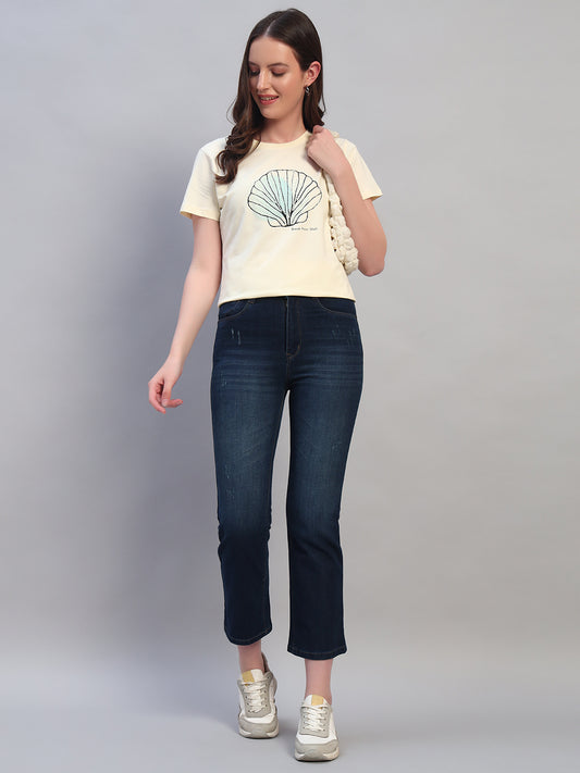 Women Beige Printed Half Sleeves Round Neck Casual T-Shirt