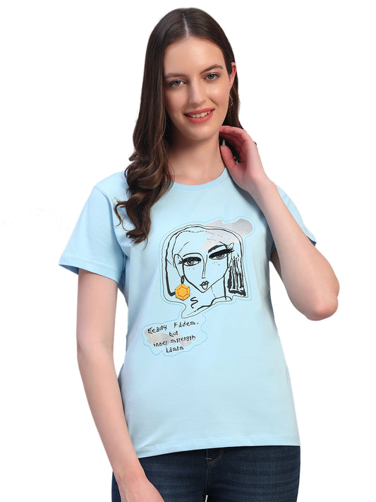 Women's Printed Sky Blue Round Neck Half Sleeves Casual T-Shirt