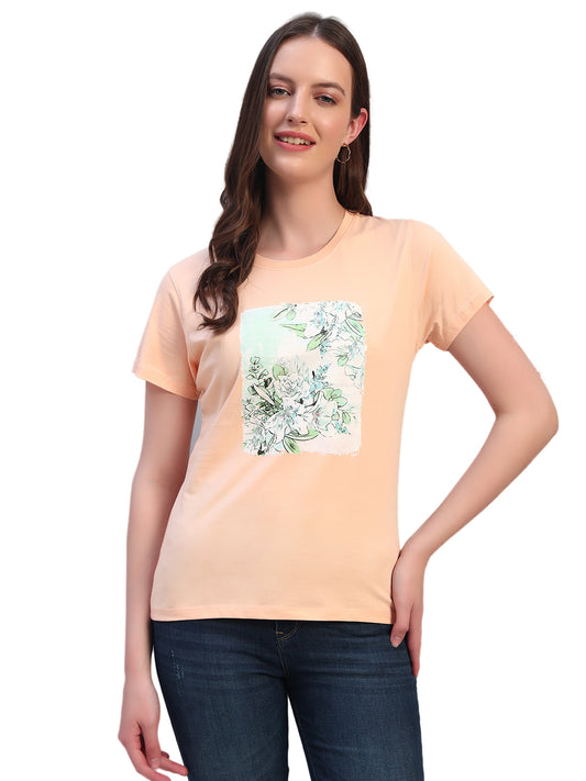 Women's Printed Light Peach Round Neck Half Sleeves Casual T-Shirt