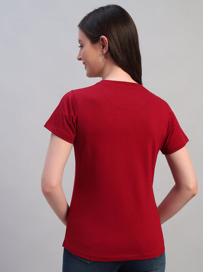 Women Maroon Printed Half Sleeves Round Neck Casual T-Shirt