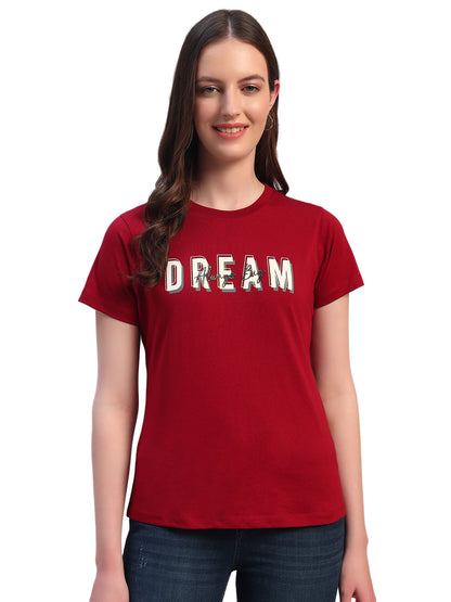 Women Maroon Printed Half Sleeves Round Neck Casual T-Shirt