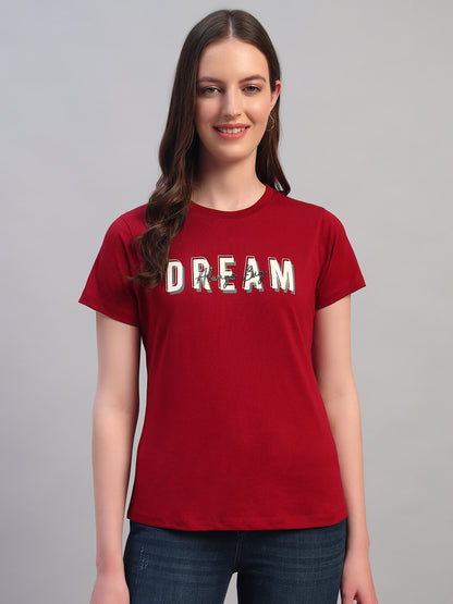 Women Maroon Printed Half Sleeves Round Neck Casual T-Shirt