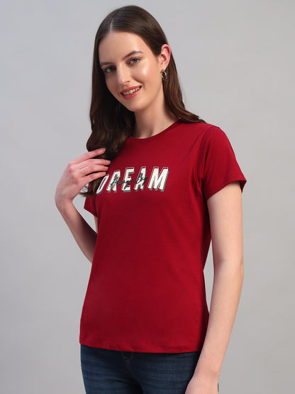 Women Maroon Printed Half Sleeves Round Neck Casual T-Shirt