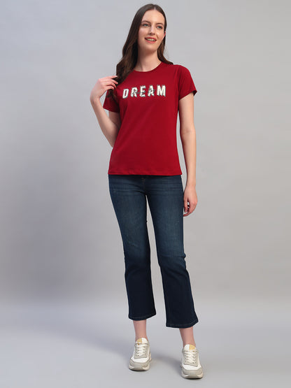 Women Maroon Printed Half Sleeves Round Neck Casual T-Shirt