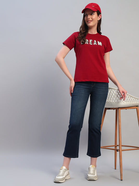 Women Maroon Printed Half Sleeves Round Neck Casual T-Shirt
